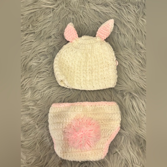 Adorable White and Pink Crochet Baby Hat & Diaper Cover Easter Bunny photo prop - Picture 6 of 6